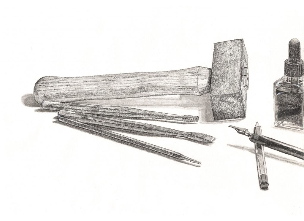 Illustration outils de gravure sur pierre, Clément Denis