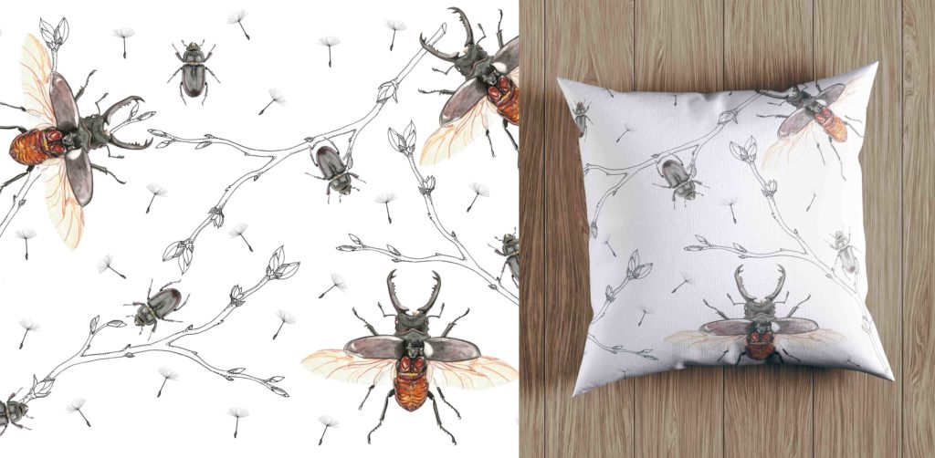 Illustration entomologique lucanes cerf-volants scarabées insectes, motif, pattern design, dessin insecte, coussin illustré