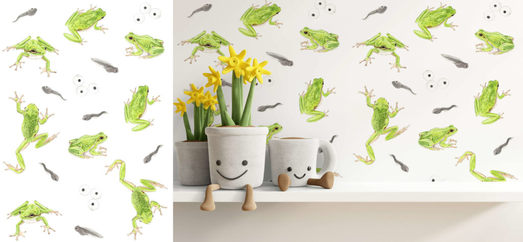Illustration animalière naturaliste rainettes vertes et têtards grenouilles, motif, pattern design, création de motifs, papier-peint grenouille