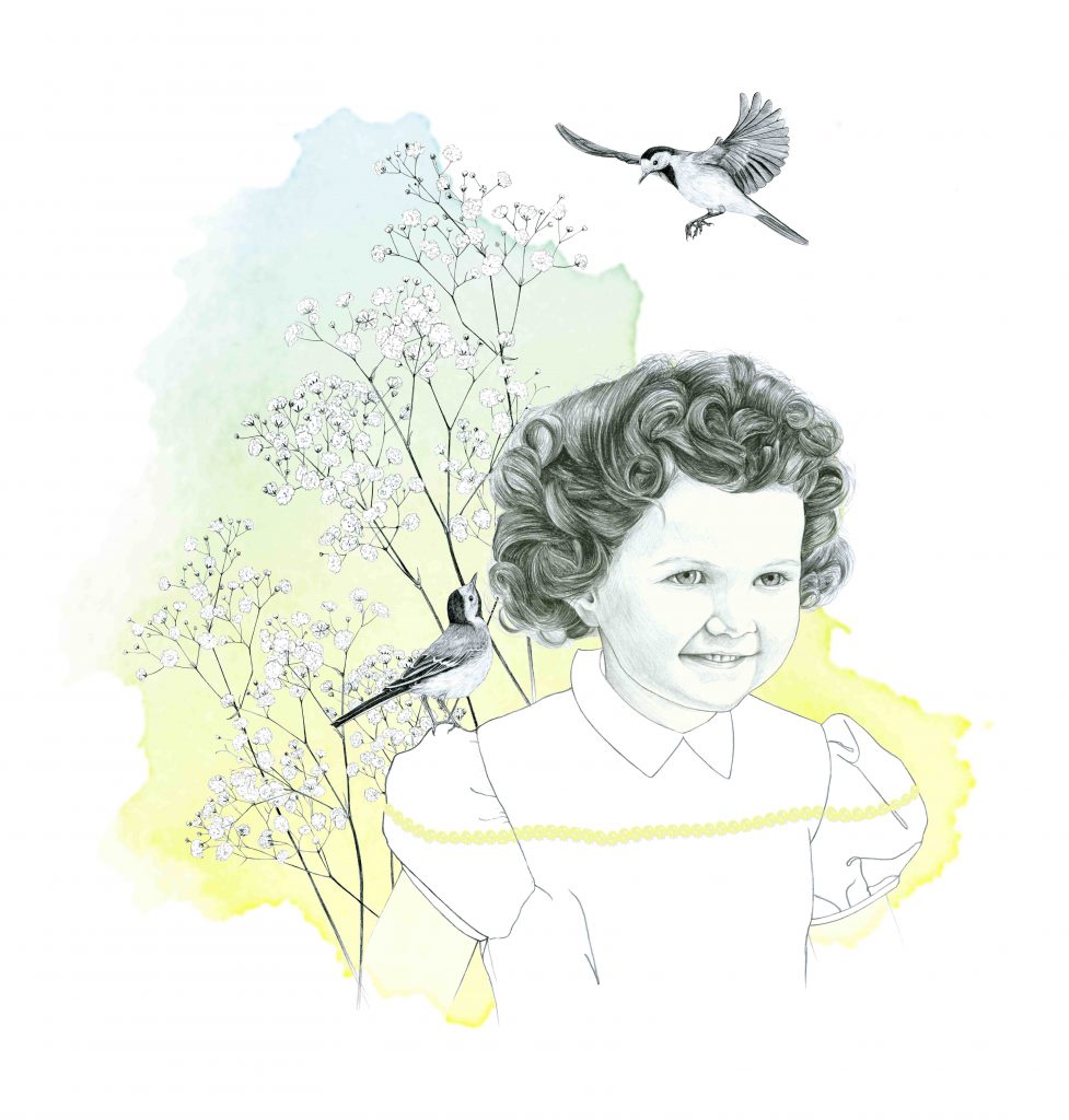 Illustration originale Alicia Pénicaud, portrait dessiné, portraiture, portrait dessiné, commande particulier, portrait d'enfant, illustration bergeronnette grise, illustration gypsophile, illustration animalière, illustration naturaliste, botanique, Alicia Pénicaud Illustrations